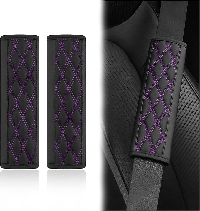 2PCS Car Seat Belt Cover Pads,Leather Seatbelt Covers Protect Shoulder and Neck Car Accessories Interior,Universal Car Seat Strap Pads Car Decorations for Most Cars Trucks (Black/Purple)