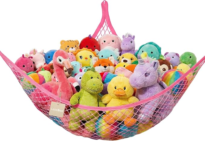 Lazebox Stuffed Animal Net Hammock for Plushie Toys, Stuffed Animal Hammock Corner for Kids' Room Decor, Ideas for Organizing Stuffy Collection, Pink, L (67" x 40" x 40")-Pack of 1