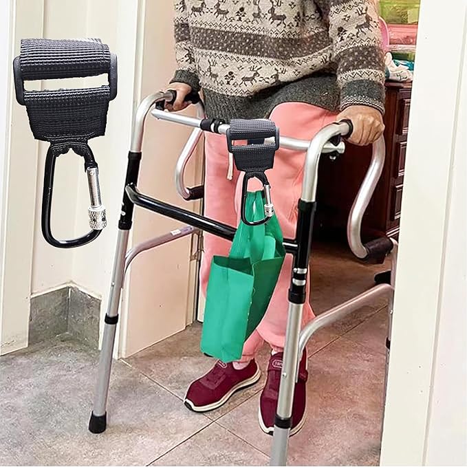LIGHUFEIC 4 Pcs Walker Hook Hanging,Versatile Anti-Fall Off Stroller Hooks for Hanging Diaper Bags Walker Rollator Crutches Wheelchair, Purses, and Shopping, Hang It Anywhere You Need It(Black)
