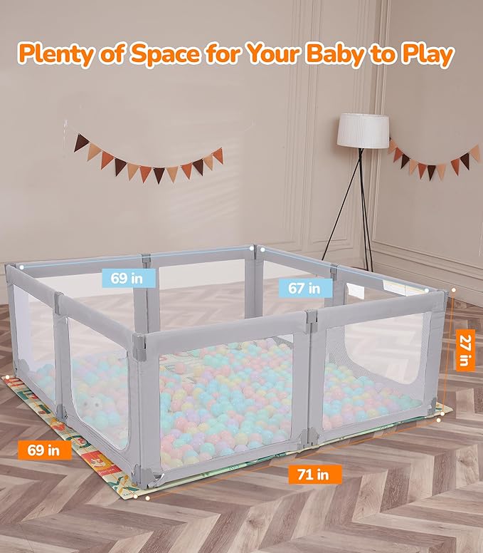 Dripex Foldable Playpen for Babies and Toddlers, 71"×69" Extra Large Baby Playpen, Indoor & Outdoor Safety Gate Collapsible Play Pen, Baby Fence Play Area with Visible Mesh, Grey
