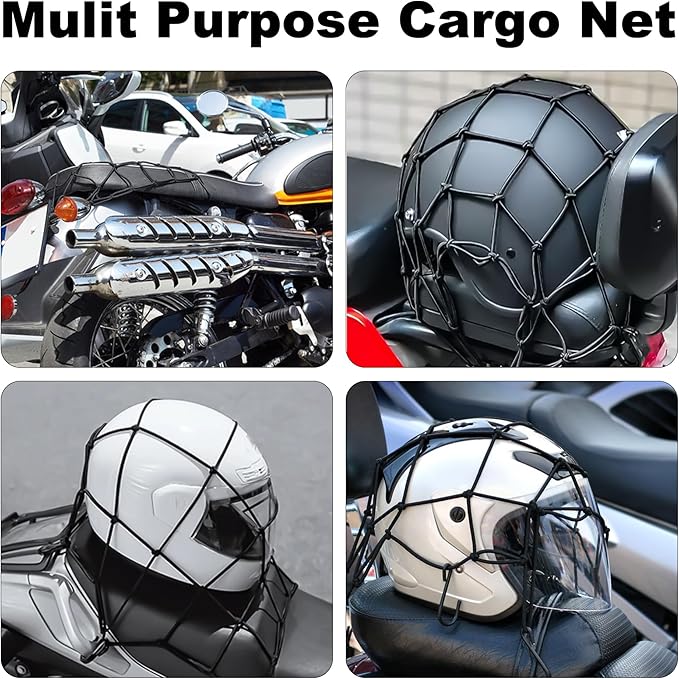 JAGASOL Cargo Nets for Motorcycle Helmet 16"X16" Elastic Bungee Net Storage Featuring 6 Hooks Tight 2"x2" Mesh Luggage Strap Rack Expansion Organizer Net Pocket for Motorbike E-Bike Trike