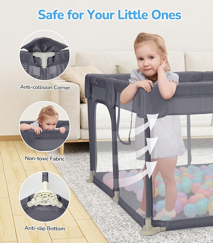 Dripex Baby Playpen, 47"×47" Play Pens for Babies and Toddlers, Safe Anti-Fall Play Yard with Gates, Baby Fence with Breathable Mesh, Indoor & Outdoor Kids Activity Center, Grey