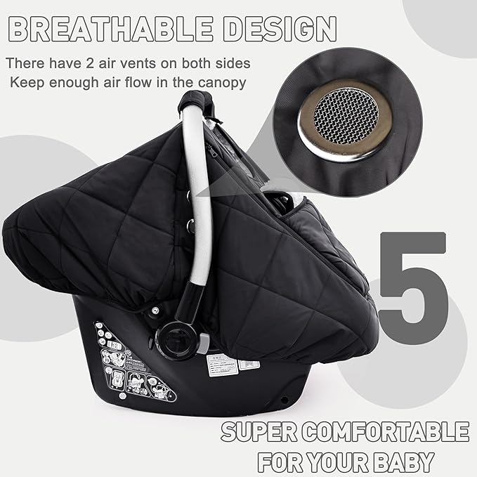 Winter Baby Car Seat Cover, Beatoutou Waterproof Winter Infant Carseat Canopy for Boys Girls, Cold Weather Warm Car Seat Covers for Babies, Keeps Babies Warm and Cozy (Black)