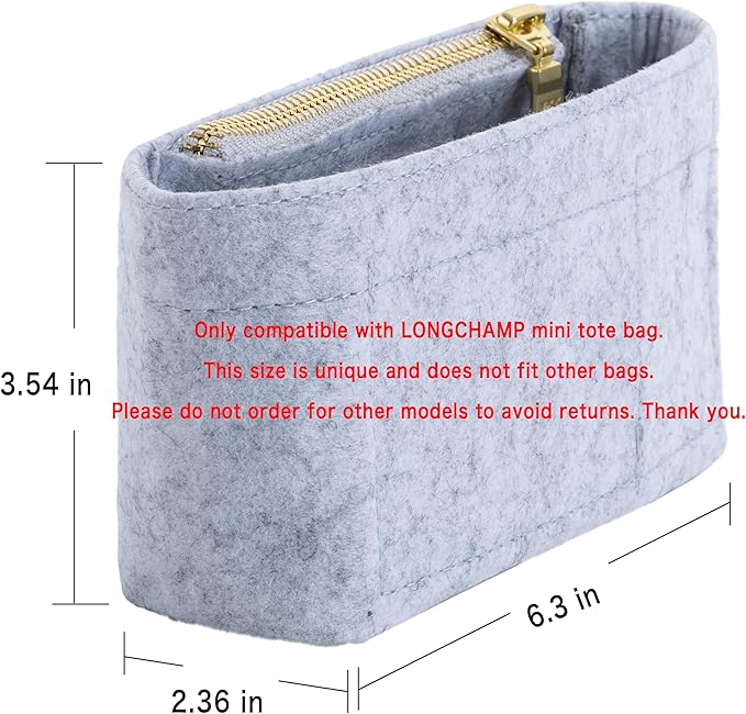 Mini Purse Organizer Insert for Longchamp Le Pliage Small Tote – Felt Inner Bag Liner with Zipper Pocket, Lightweight Storage for Mini Handbags, Gray