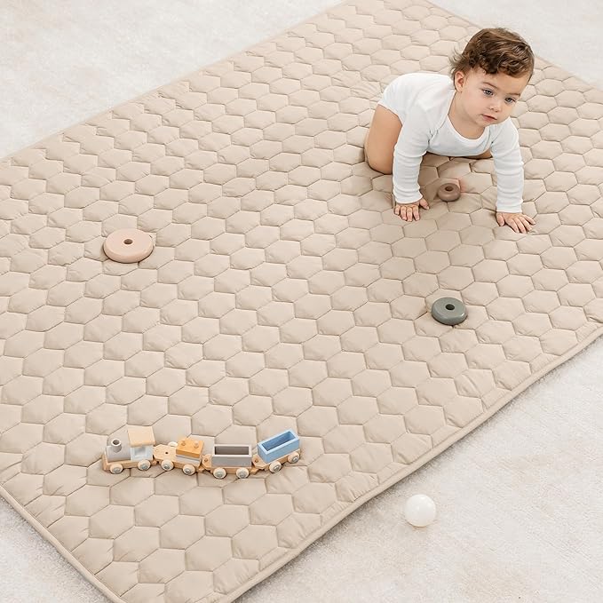 Comfy Cubs Rectangle Kids Play Mat - Medium 48 x 72 inches Soft Quilted Baby Floor Mat with Non-Slip Bottom - Plush Design for Toddlers Playtime - Comfortable and Durable - Sand