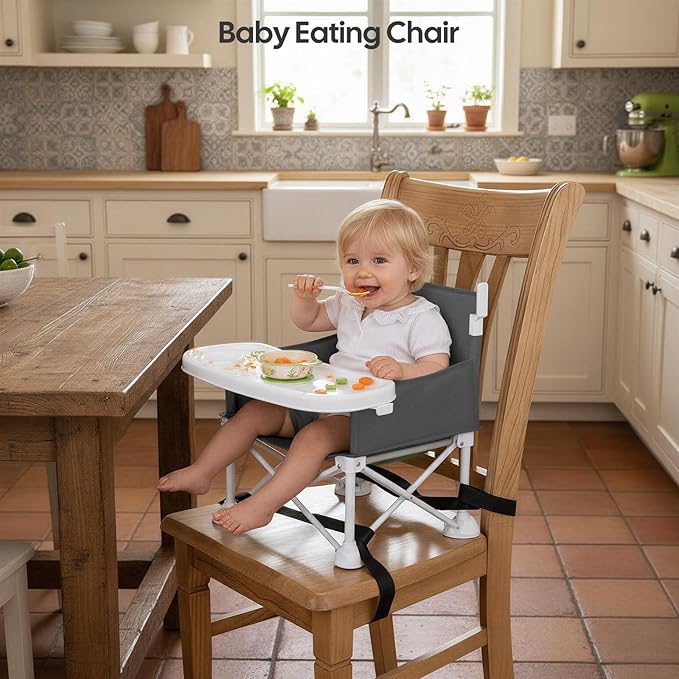 Cochildor 4-in-1 Portable Baby Chair, Foldable Toddler Booster Seat with Removable Tray, Canopy & Safety Harness, Gray