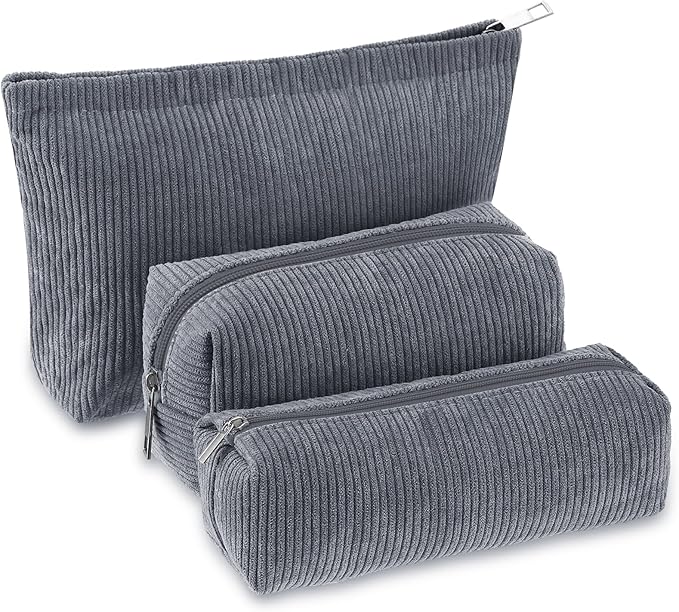 3 Pcs Makeup Bag Set for Women Corduroy Cosmetic Pouch Aesthetic Smile Travel Toiletry Bag Cute Purse Pouch Pencil Case Makeup Brushes Storage Organizer with Zipper(Gray,Solid Style)