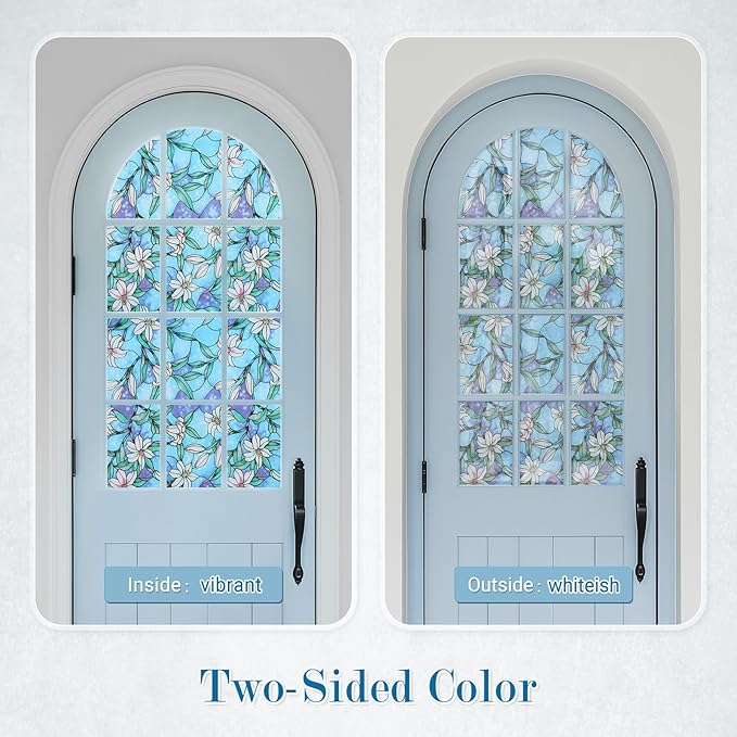 rabbitgoo Stained Glass Window Film, Anti UV Heat Blocking Privacy Film for Glass Window Door Covering, Static Cling Removable Decorative Privacy Sticker for Bathroom, Blue Lily, 35.4 x 118.1 Inches