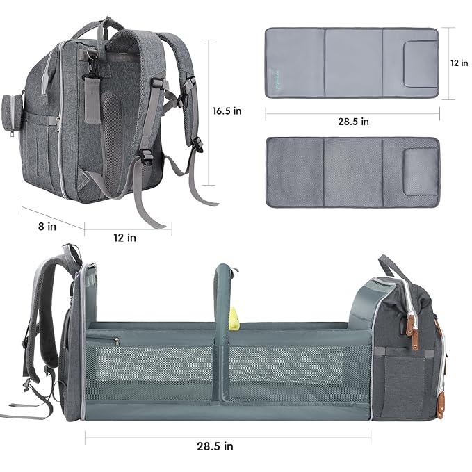 DERJUNSTAR Baby Diaper Bag Backpack with Changing Station Large Capacity Baby Bag for Boys & Girls, USB Charging Port, Pacifier Case, Sunshade & Toy Bar, Waterproof