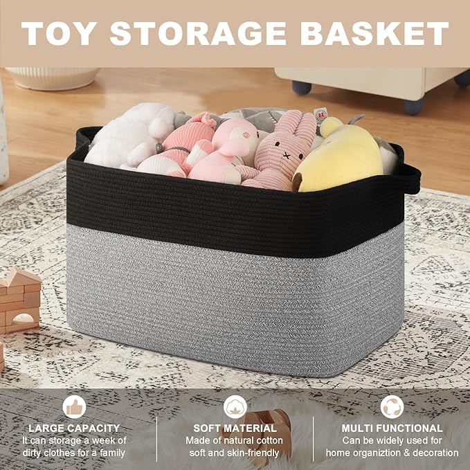 Extra Large Laundry Basket, 95L Blanket Basket for Living Room, Cotton Rope Toy Storage for Kids, Woven Storage for Clothes, Towels, Pillows, 24" x 17" x 14", Pink and White