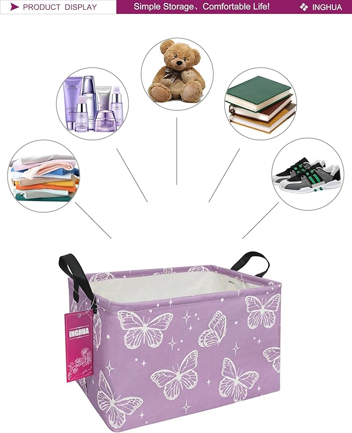 INGHUA Rectangular Storage Basket Fabric Organizer Bin for Toys,Books,Clothes,Gifts,Pets-Perfect for Home,Office,Nursery,Dorm,Shelf(Rec-butterfly )
