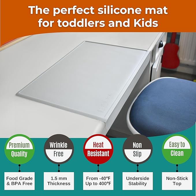 Silicone Placemats for Toddlers & Kids with Angle-Protective Safety Edge – Baby Placemats for Restaurants & Dining Table – Non-Slip & BPA-Free Food Mat – 1.5mm Thick, 18"x12", Cloud Gray