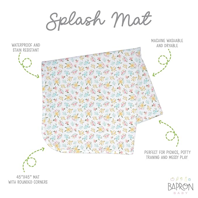 BapronBaby Pastel Floral Splash Mat - Waterproof Catch-All for Under High Chairs, Floors, Tables, Playtime or Arts & Crafts - Machine Washable - 45" x 45”