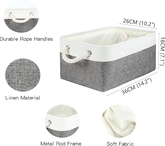 LordCom Storage Bins with Sturdy Cotton Handles(1 Pack), Fabric Storage Baskets for Organizing use for Office & Home, Book, Clothes, Toys, Closet Boxes (Medium, Grey-White, 14.2x10.2x7.1 inches)