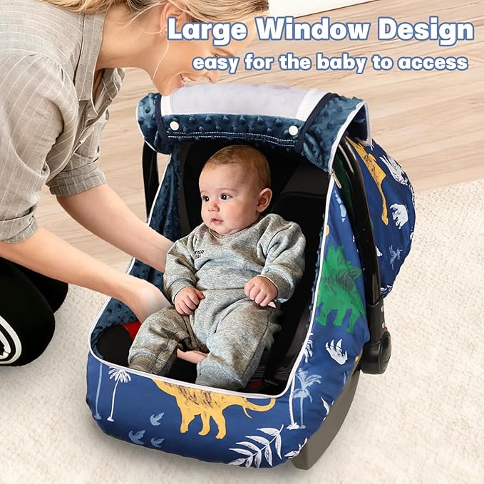 Hooyax Baby Car Seat Cover with Dual Zipper, Extra Large Mesh Window Carseat Canopy, All-Season Weather Protection for Infant Car Seats & Strollers (Dinosaur)