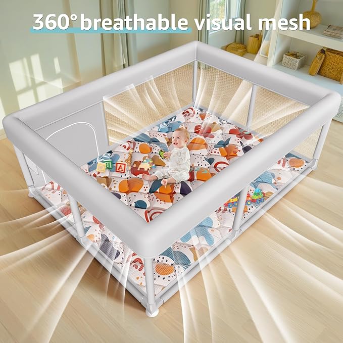 Baby Playpen with Mat 65 x 50 Inch, PlayPen for Babies and Toddlers, Sturdy Safety Play Yard for Indoor & Outdoor with Zipper Gates