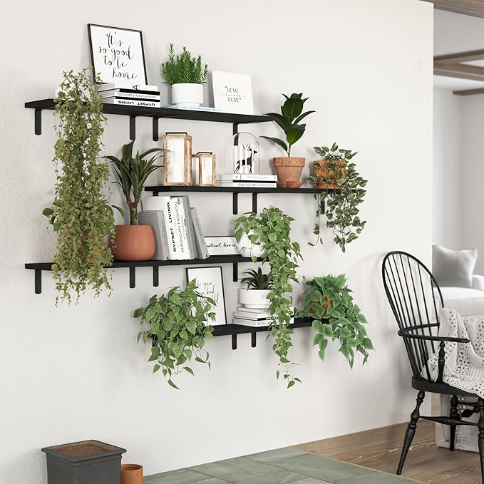 Floating Shelves, 8 Sets Wooden Floating Shelves for Bedroom & Bathroom Wall Decor, Floating Book Shelf Living Room Black