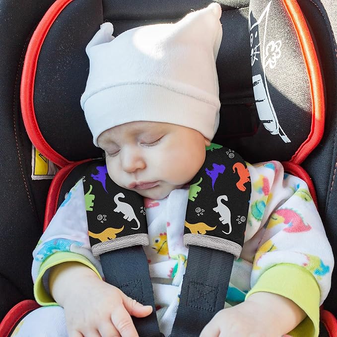 Seat Belt Cover Pad for Baby, Soft Seatbelt Cushion Covers for Kids 2Pcs Car Seat Strap Shoulder Pads for All Car Seats, Stroller, High Chair, Black Dinosaur