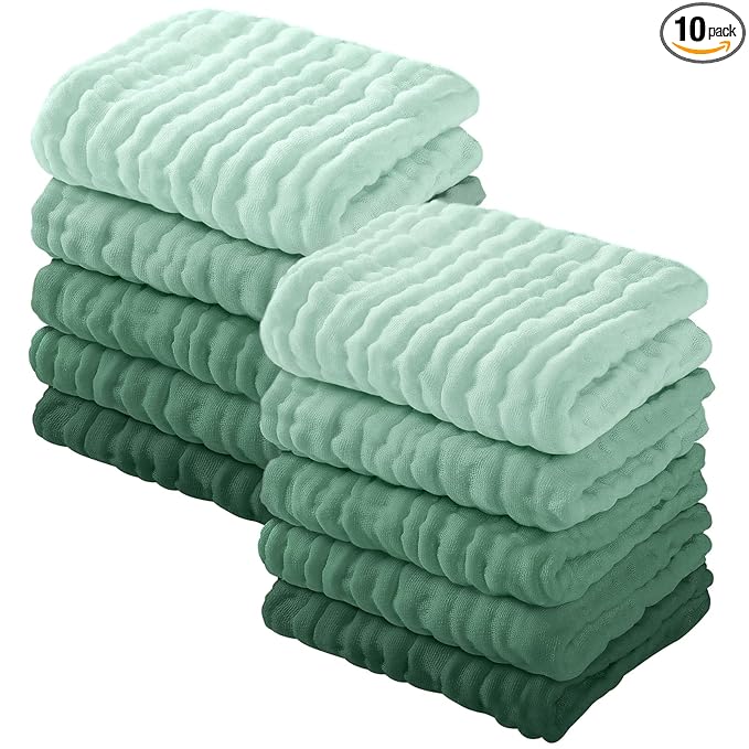 Yoofoss Muslin Baby Washcloths 100% Organic Cotton Face Towels 10 Pack Wash Cloths for Baby 12x12in Soft and Absorbent Baby Wipes (Gradient Green)