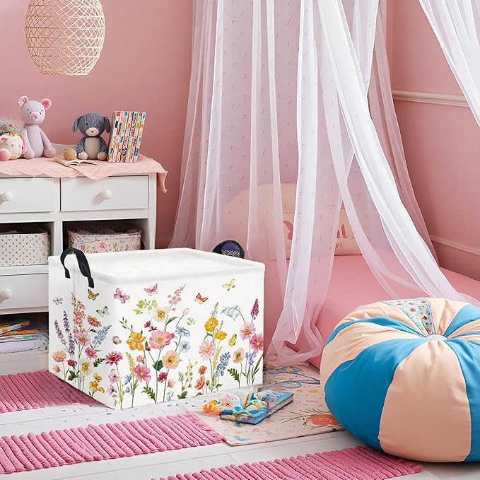 TIBAOLOVER Rectangular Baby Girls Basket Kids Baby Storage Basket Cute Storage Bin Organizer Shelf Book Flower Room Decor(Butterfly Flower)
