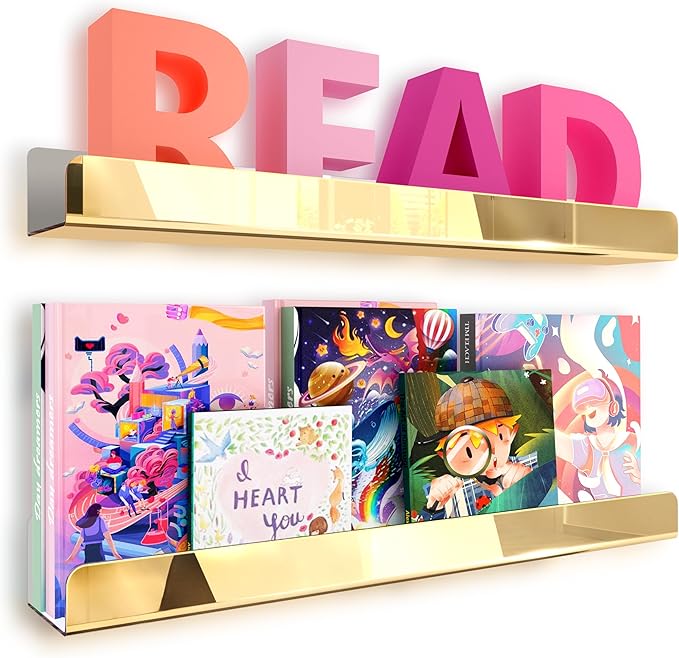 RORKIM 2 Pack 24 Inch Gold Reflective Acrylic Shelves, Gold Foating Shelves, Modern Sunglasses Essential Oil Picture Ledge Display Toy Storage Shelf