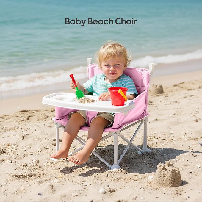 Cochildor 4-in-1 Portable Baby Chair, Foldable Toddler Booster Seat with Removable Tray, Canopy & Safety Harness, Pink