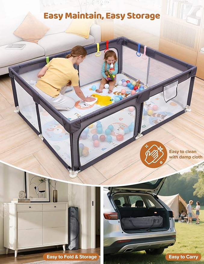 Dripex Baby Playpen with Mat, 71"x47" Play Pen for Toddlers 1-3 Years, Soft Breathable Visible Mesh, Indoor/Outdoor Portable Play Yard with Mat, Safe Baby Fence Play Area, Dark Grey