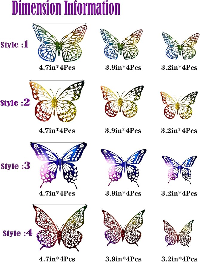 JOSDIOX 3D Reflective Dot - Patterned Rainbow Butterfly Wall Stickers - 48 Pcs with 4 Styles & 3 Sizes, Removable Decor for Party Birthday Wedding Cake Balloon Decoration (48 Rainbow)