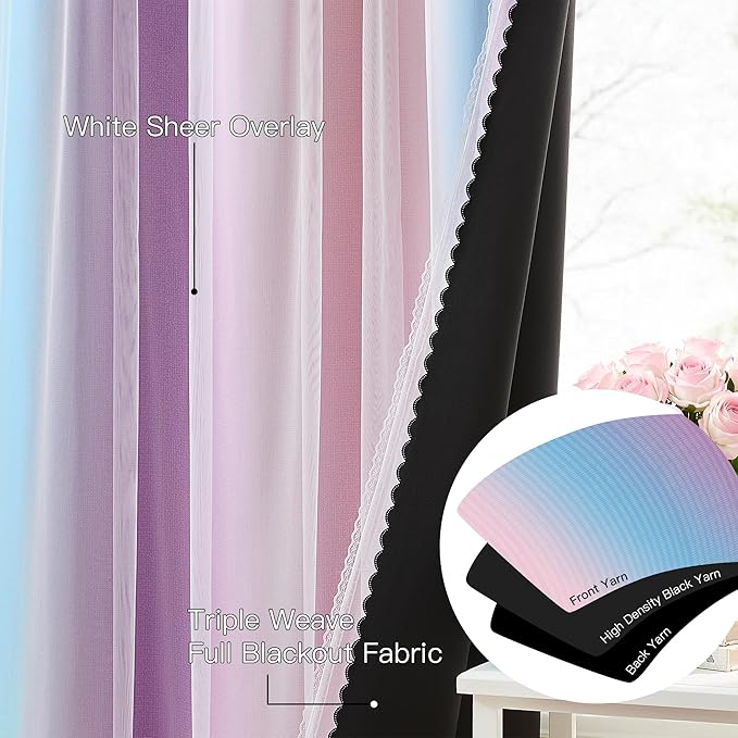 XiDi Girls Rainbow Blackout Curtains for Bedroom 2 Panels 63 Inches Long Thermal Insulated Pink Purple Double Layer Curtains with Sheer Overlay for Nursery Kids Room Decor Grommet Drapes W34XL63
