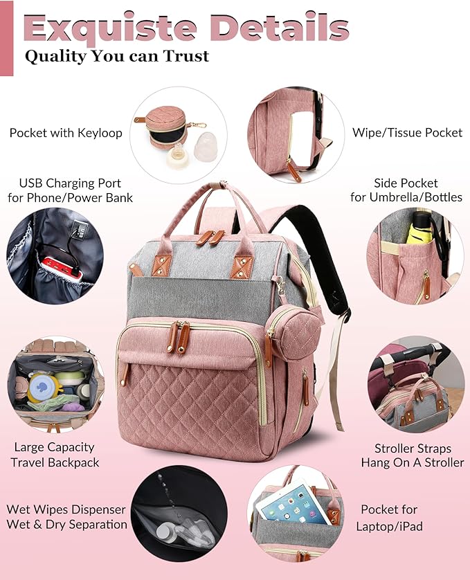 Lamroro Diaper Bag with Changing Station, Waterproof 3 in 1 Baby Diaper Backpack with Foldable Changing Pad, Pink-Grey