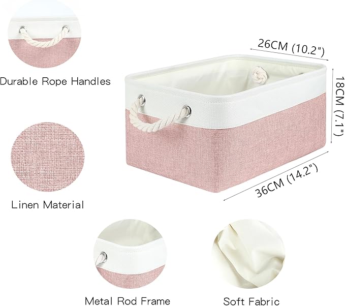LordCom Storage Bins with Sturdy Cotton Handles(1 Pack), Fabric Storage Baskets for Organizing use for Office & Home, Book, Clothes, Toys, Closet Boxes (Medium, Pink-White, 14.2x10.2x7.1 inches)