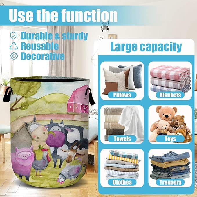 Watercolor Farm Animal Laundry Basket, Laundry Hamper Collapsible Oxford Cloth with Handle Clothes Toy Storage Bin for Bathroom Laundry Room Bedroom 15.7 X 20 Inch