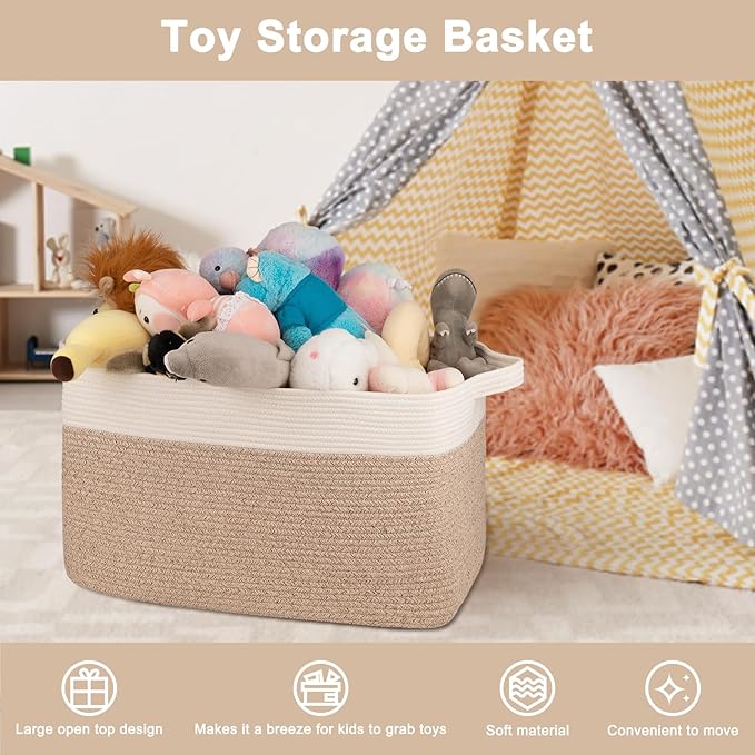 OIAHOMY Extra Large Blanket Basket, 95L Woven Storage Basket, Cotton Rope Toy Bin for Baby Room, Container for Storage in Living Room, 24''×17''×14'', Brown & White