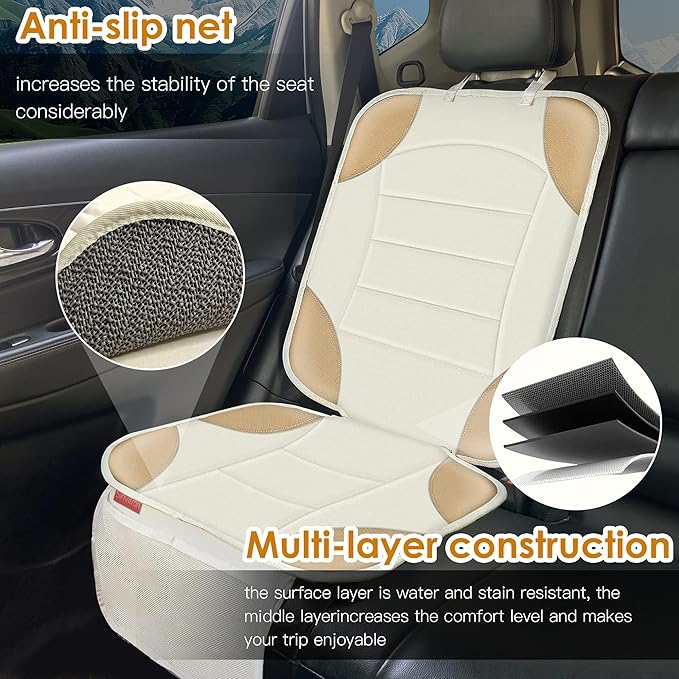 Sinvitron Car Seat Protector for Child Car Seat - Waterproof Non-Slip Leather Mat with 2 Mesh Pockets, Universal Seat Cover for Baby, Pets & Vehicles (1-Pack, Off-White)