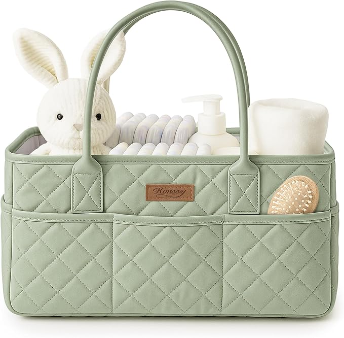 Konssy Quilted Diaper Caddy Organizer, Diaper Caddy Basket with Vegan Leather Handles, Portable Nursery Storage Basket, Water-Repellent Car Organizer, Registry Search Must Haves (Fog Green)