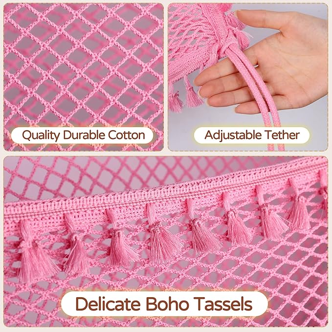 Stuffed Animal Storage Net, Large Bedside Toy Organizer Net, Cotton Plushie Toy Storage Hammock with Tether for Stuffed Animals Room Organization (Pink, 2 Pack)