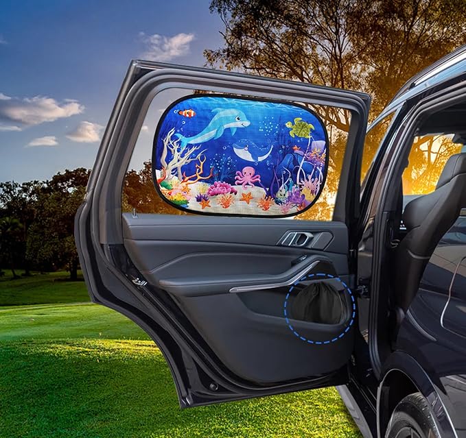 ABSOFINE Car Window Sun Shades for Baby Kids 2 Pack 19"x14", Ocean World Window Shades Sun Blocker Cover, Baby Car Shades for Back Windows with 8 Suction Cups and Storage Bag, Anti Glare & UV