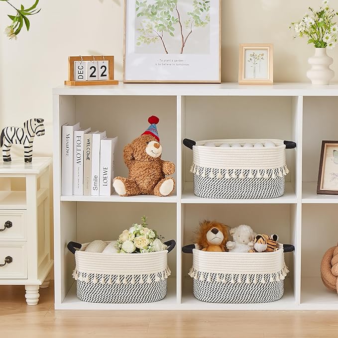 BUBUSUN Storage Bins Woven Baskets for Storage Set of 3, Cotton Rope Basket with Handles for Toys/Shelves/Laundry, Rectangle Multi-Purpose Organizer for Living Room, Bedroom, Nursery (White/Black)