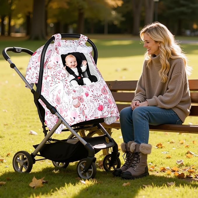 Car Seat Cover Baby, Carseat Covers Baby with 2 Layers Breathable Zipper Windows, Windproof Infant Car Seat Cover, Kick-Proof Baby Carrier Cover for Baby Girl Newborn Essentials