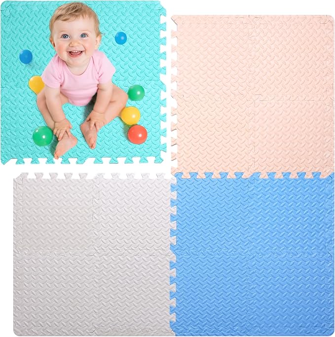Coolcandy Baby Foam Play Mat 16Pcs with Edge Strips, 4 Colors Interlocking Floor Tiles, 0.4″ Thickened Non-Slip Puzzle Floor Mat for Infants Toddlers Playroom & Daycare