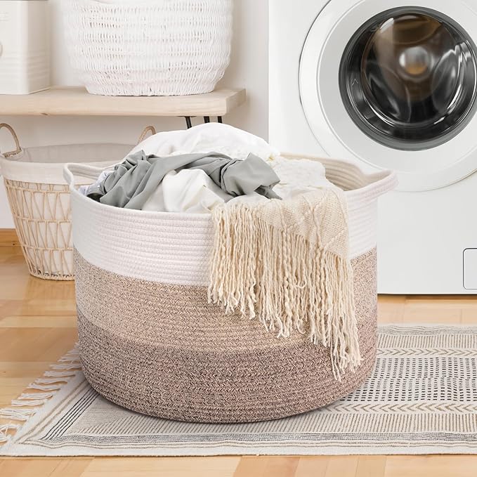 Maliton Extra Large Blanket Basket Living Room, 22" X 22" X 14" Woven Cotton Rope Laundry Basket Toy Baskets with Handle Storage Comforter Cushions Clothes Thread Laundry Hamper