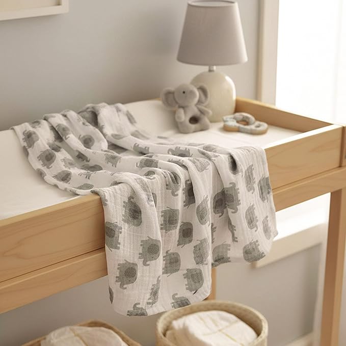 Muslin Swaddle Blankets for Newborn, 4 Pack Cotton Baby Blankets, Large 31.5 x 43.3 inch Breathable Soft Receiving Blanket, Essentials Swaddle Wrap Burping Clothes, Grey Animals
