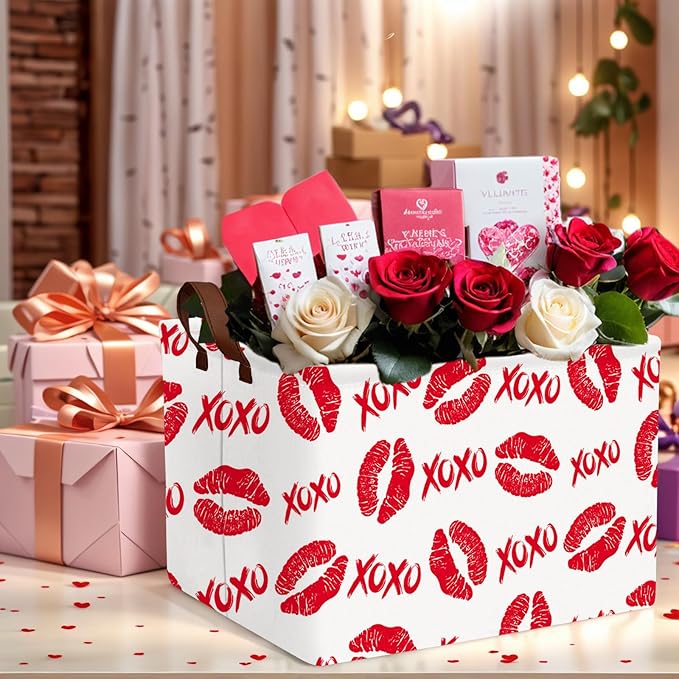 ASKETAM Valentine's Day Basket for Gifts Empty Cute Heart Large Gift Basket Decorative Storage Bin for Kid and Baby Room Décor (XOXO Red Lips)