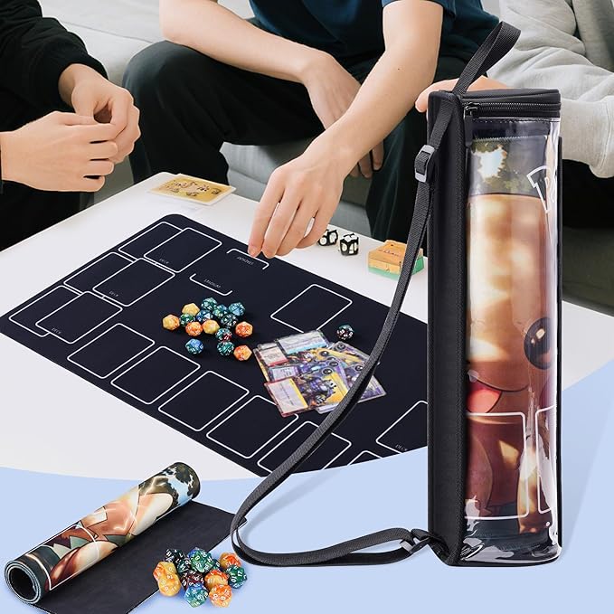 Playmat Tube Fits 14'' or 15'' 1 pcs Playmats, Playmat Case Compatible with TCG/MTG Playmats, Playmat Storage Bag Equipped with SeeThrough Window, 2 Zipper Pockets and Adjustable Shoulder Strap