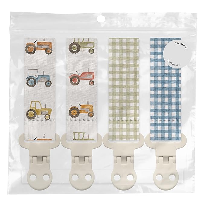 Stadela Baby Fabric Pacifier Clip Holder, Plastic Clip, 4‑Pack, Farm Pattern, Tractors Set