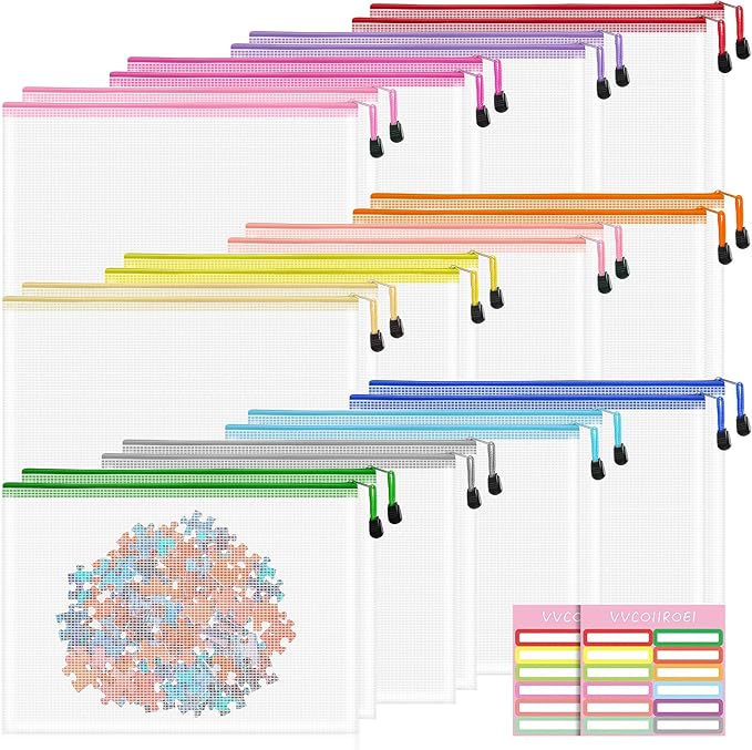VVCOIIROEI 24pcs Clear Zipper Pouches, A4 Zipper Bag, 12 Colors Letter Size Organizer Bags, Toy Bags for Storage, Mesh Bags for Classroom, Home Organization, Teacher Supplies