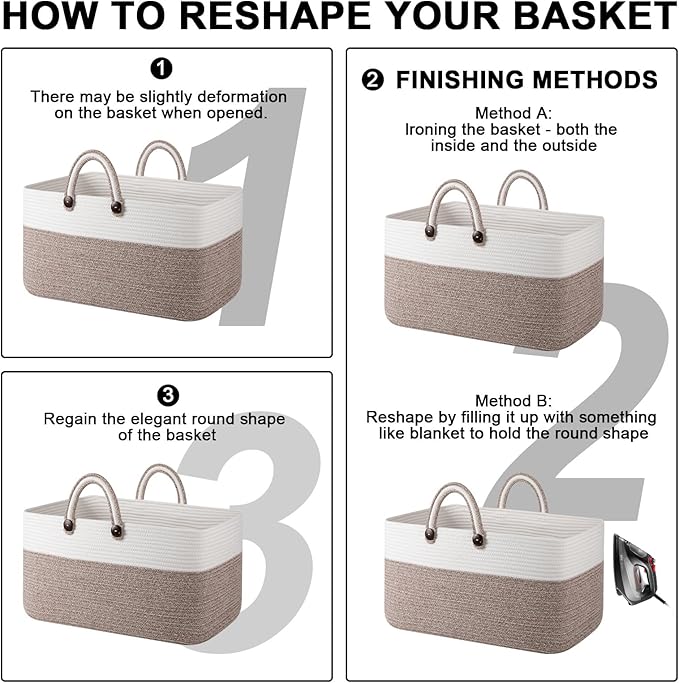 OIAHOMY 75L Large Blanket Basket, 22”x17”x12” Rectangle Woven Baskets For Storage, Nursery Blanket Storage Living Room, Toy Box With Long Handle-Gradient Brown With White