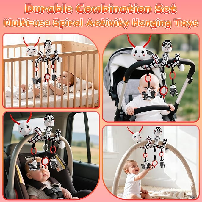 High Contrast Baby Toys for Newborn, Black and White Baby Sensory Toys 0-12 Months with Car Seat Toys & Soft Plush Toy, Activity Hanging Toys Velcro for Stroller Toys Baby Gifts