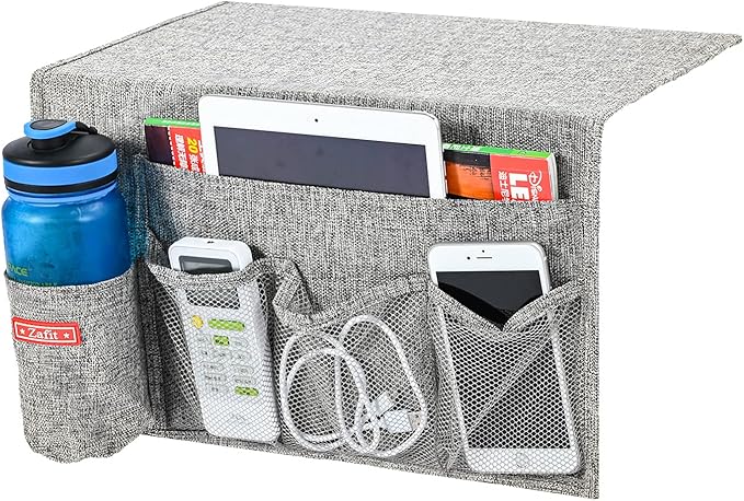Linen 5 Pockets Bedside Caddy, Bedside Storage Organizer with Water Bottle Holder for Magazine, Remotes, Phone (Grey)