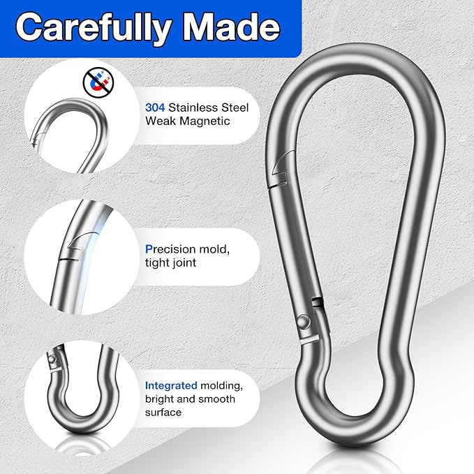 8 PCS Heavy Duty Carabiner Clips, 【NO Rust】 1360lbs 304 Stainless Steel Carabiners, 2.36 inch D-Ring Snap Hook Keychain Spring Clips for Gym, Pet leashes, Camping, Car, Farm